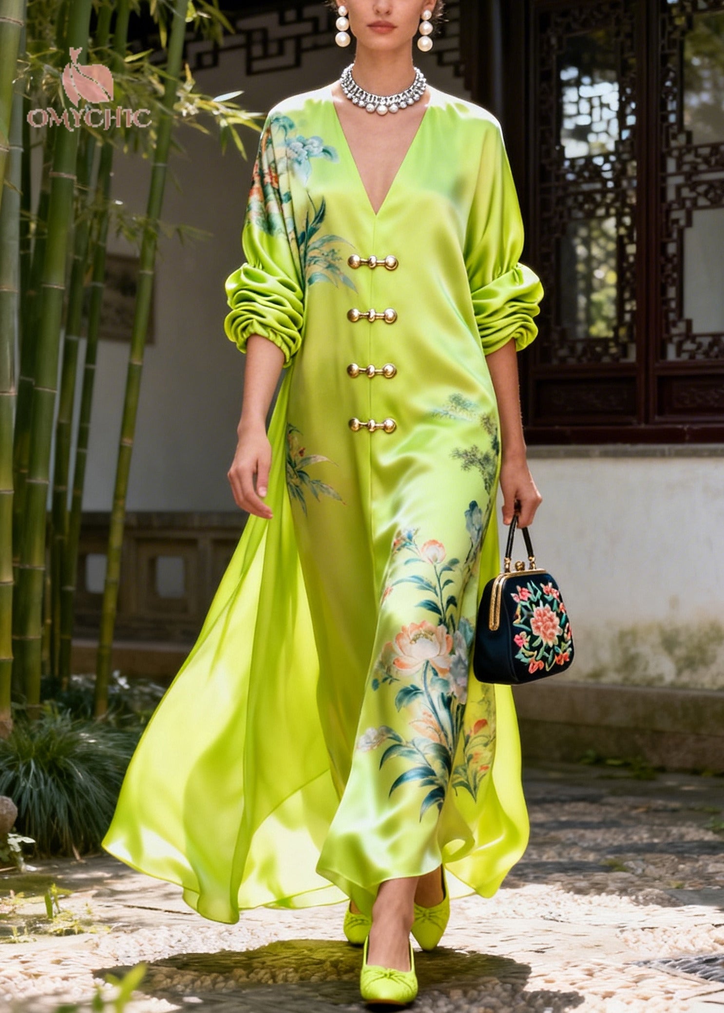 Style Fluorescent Green V Neck Print Silk Vacation Dresses Summer