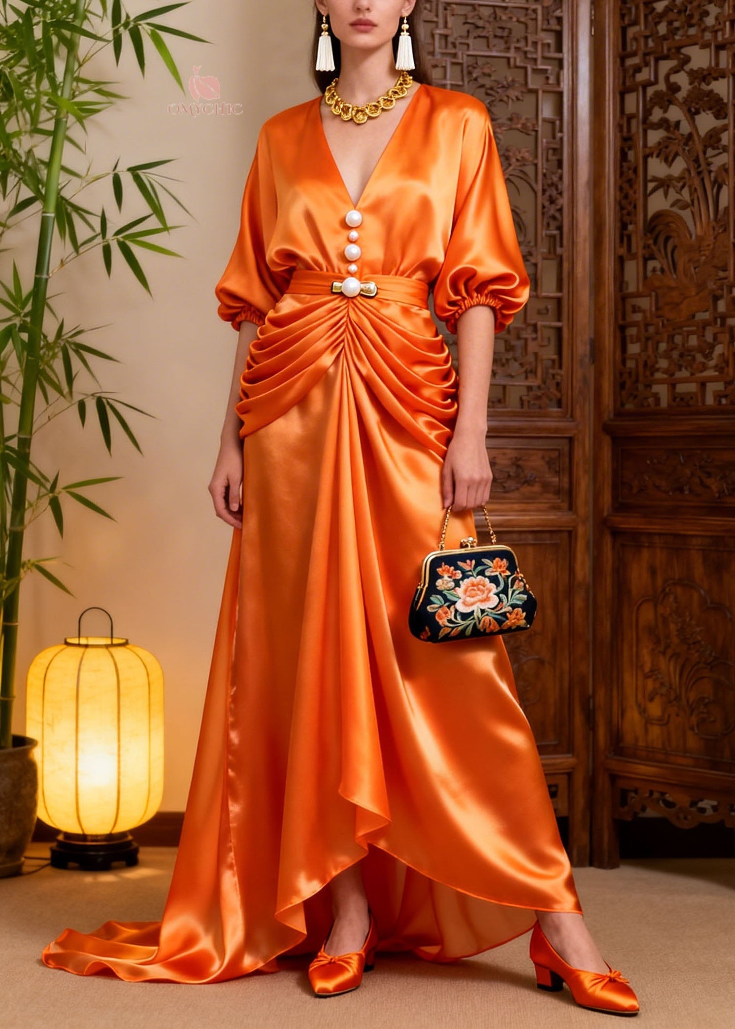 Style Orange V Neck Wrinkled Patchwork Silk Dress Summer
