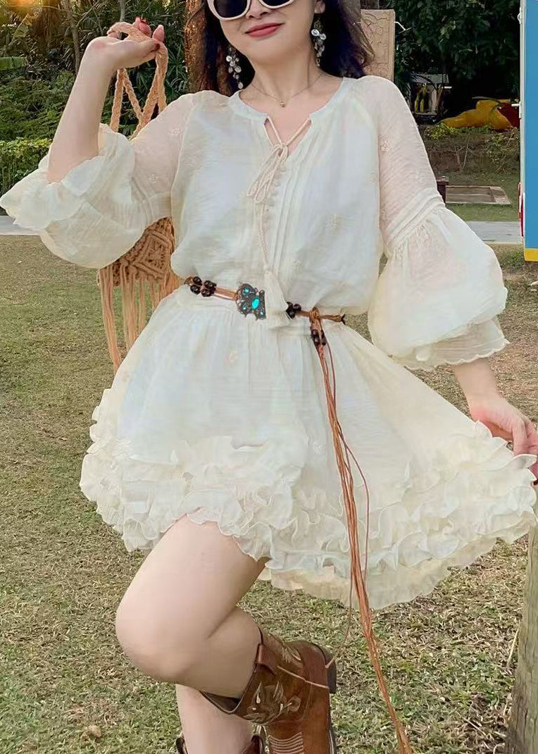 Style White Ruffled Cotton Tea Dress Lantern Sleeve