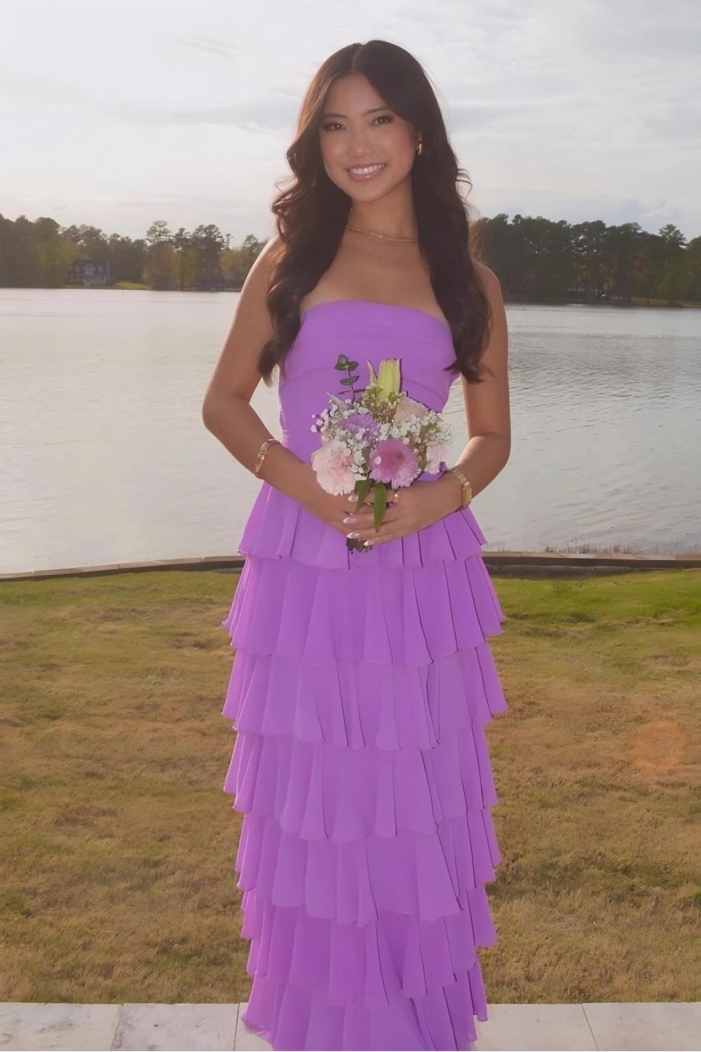 Suzhoufashion Stylish A Line Strapless Purple Long Prom Dress With Ruffles Split Front Formal Evening Gown