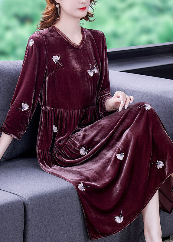 Stylish Bean paste red V Neck Embroideried Velour Dresses Spring (Limited Stock)