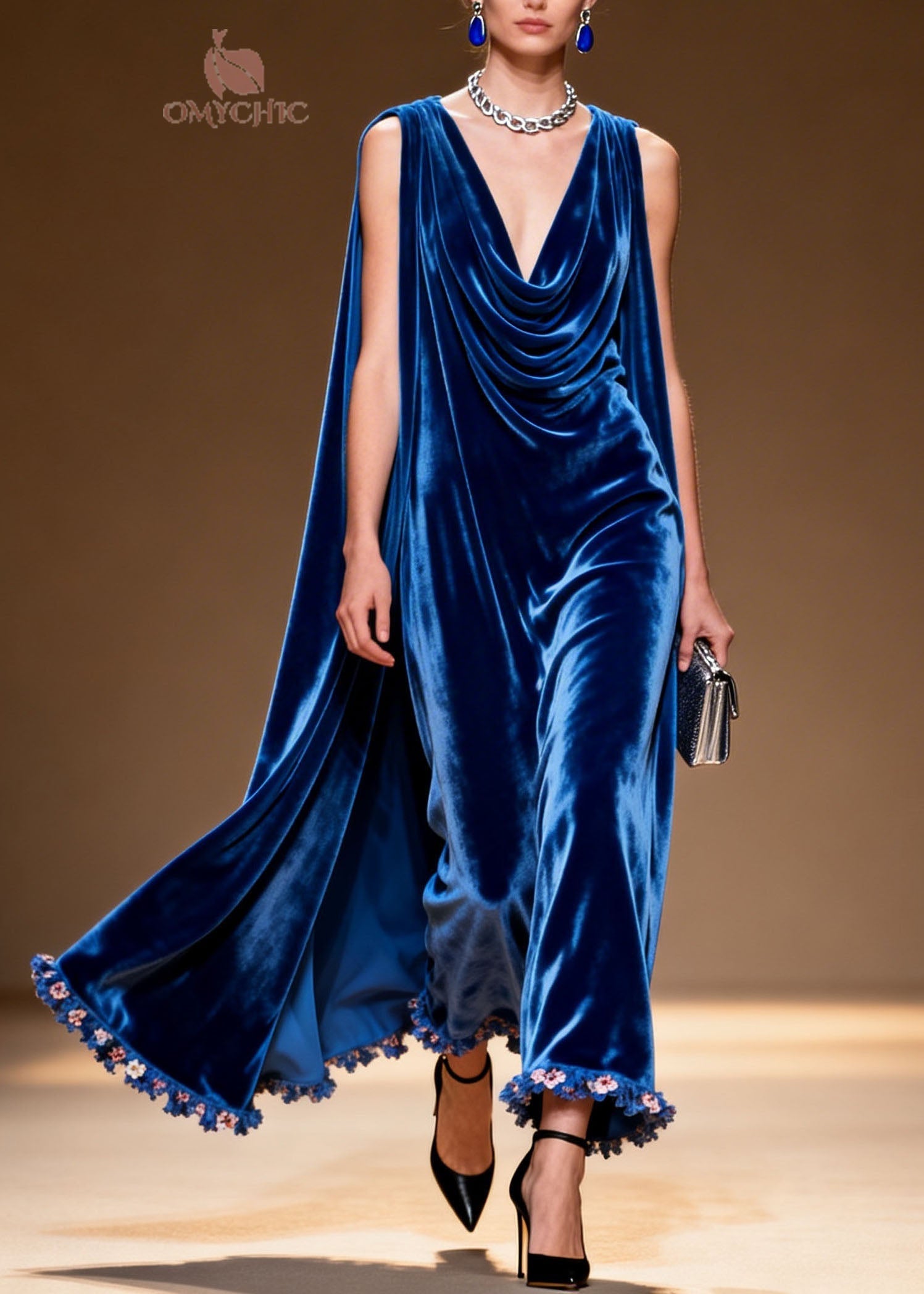 Stylish Blue Draped Neckline Floral Patchwork Velvet Long Dresses Sleeveless