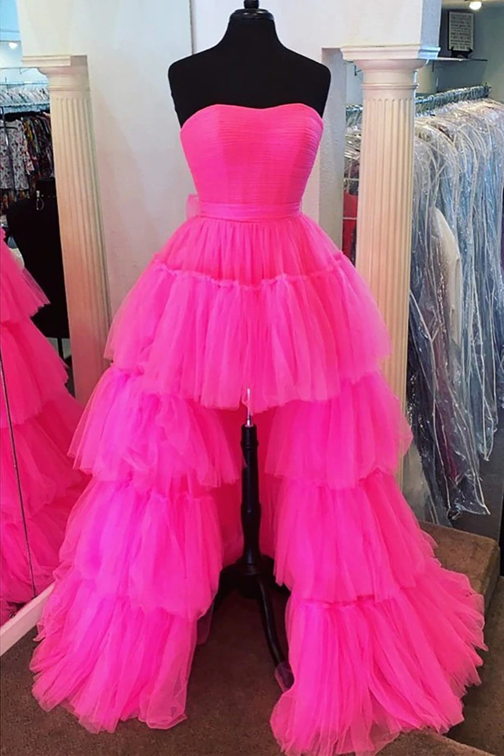 Stylish High Low Strapless Fuchsia Homecoming Dresses Prom Dress with Ruffles