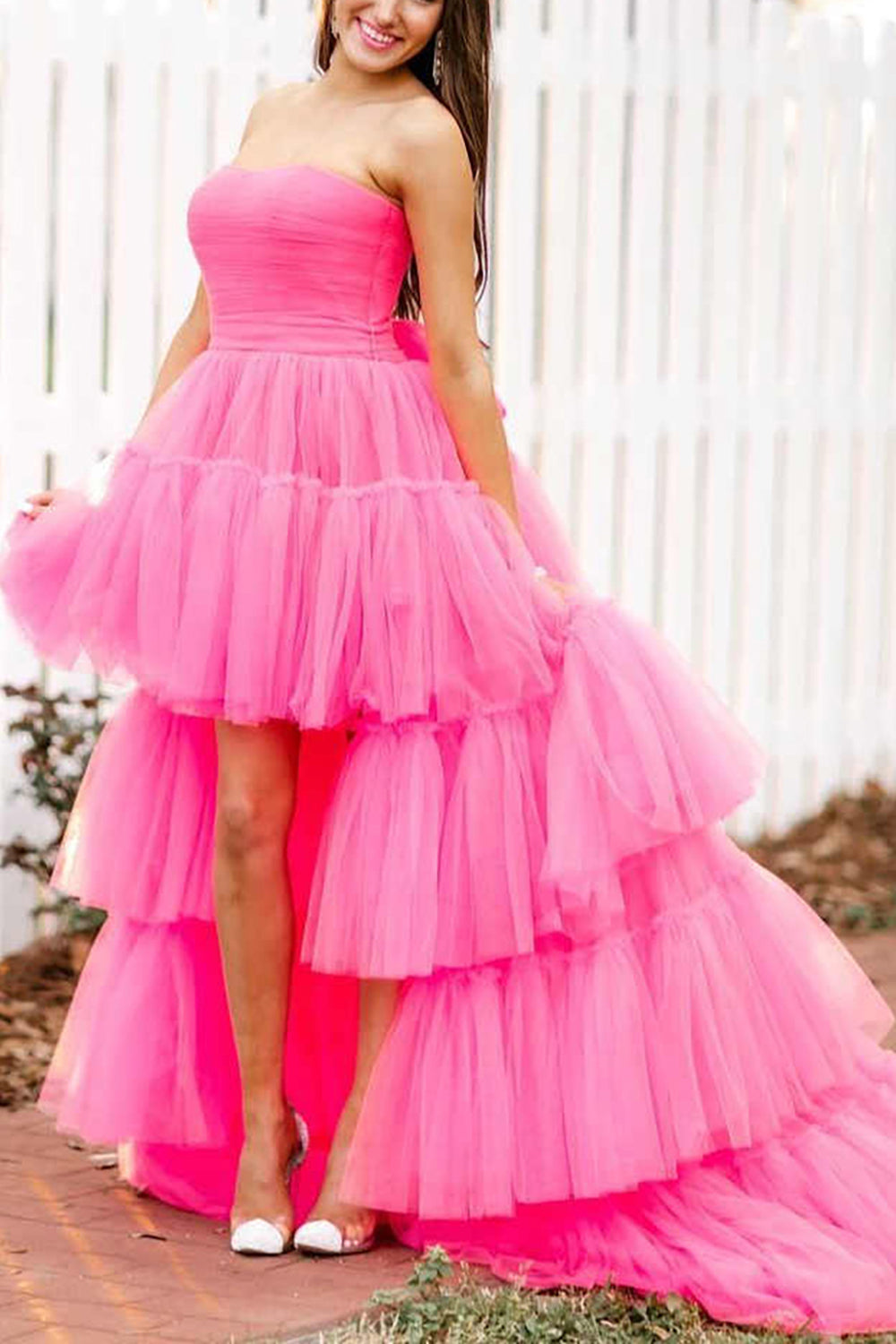 Stylish High Low Strapless Fuchsia Homecoming Dresses Prom Dress with Ruffles