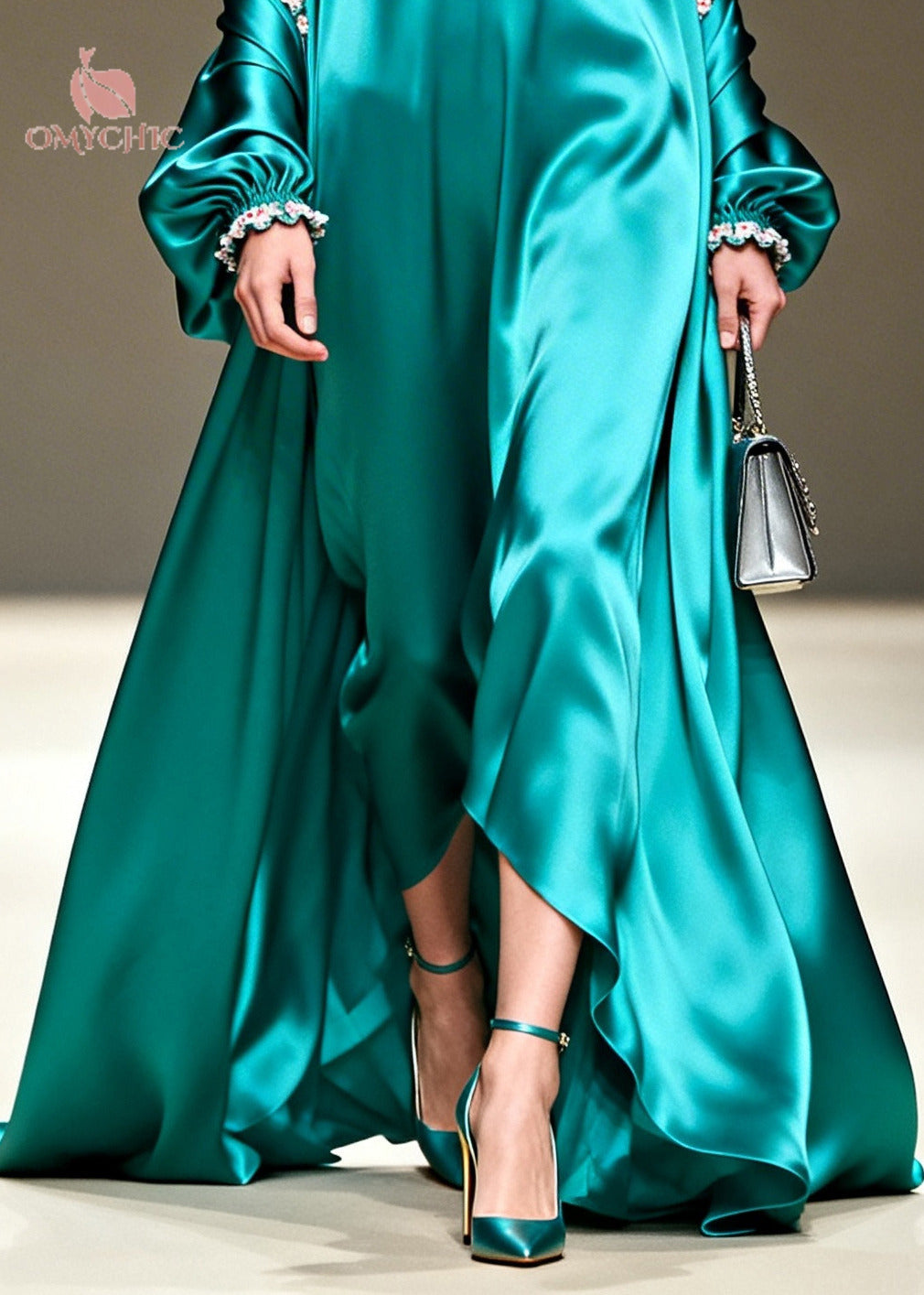 Stylish Peacock Blue Ruffled Patchwork Exra Large Hem Silk Dress Summer