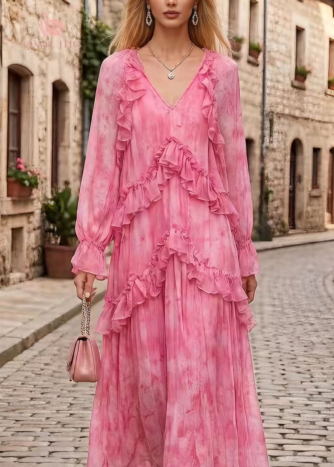 Stylish Pink V Neck Ruffled Patchwork Chiffon Dress Spring