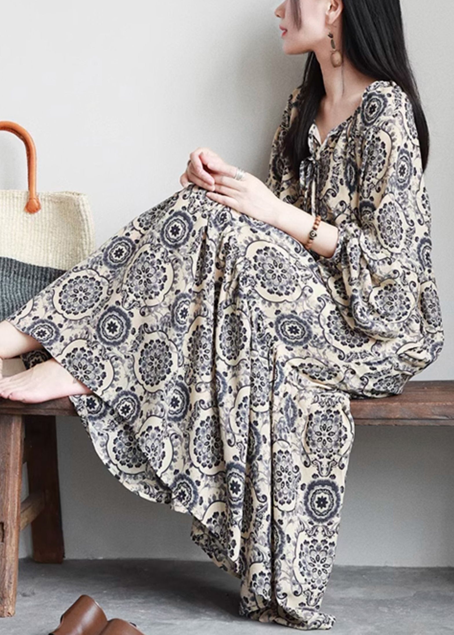 Stylish Print Lace Up Oversized Cotton Long Dresses Spring