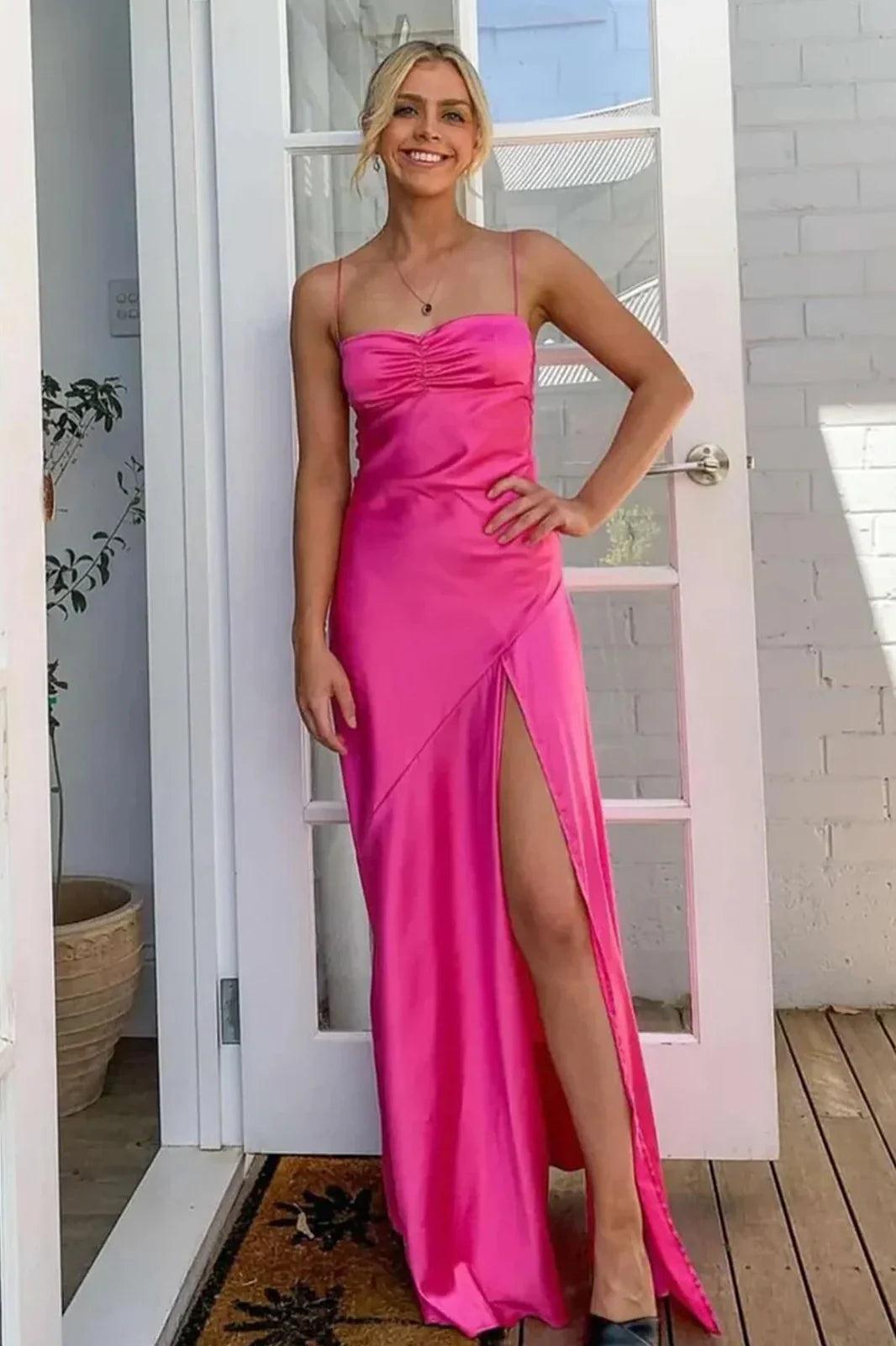 Suzhoufashion Stylish Sheath Spaghetti Straps Pink Party Dress With Criss Cross Back Formal Evening Gown