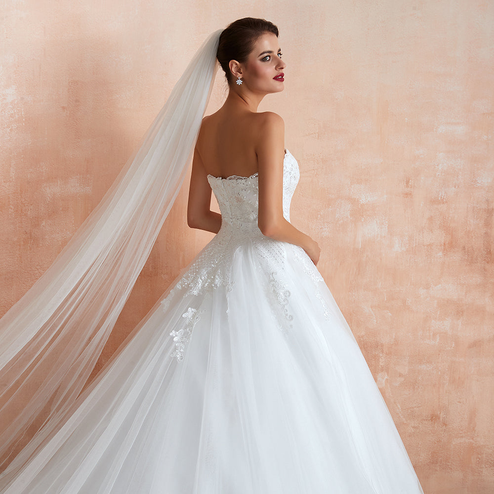 Stylish Strapless White Lace Affordable Wedding Dress with Low Back