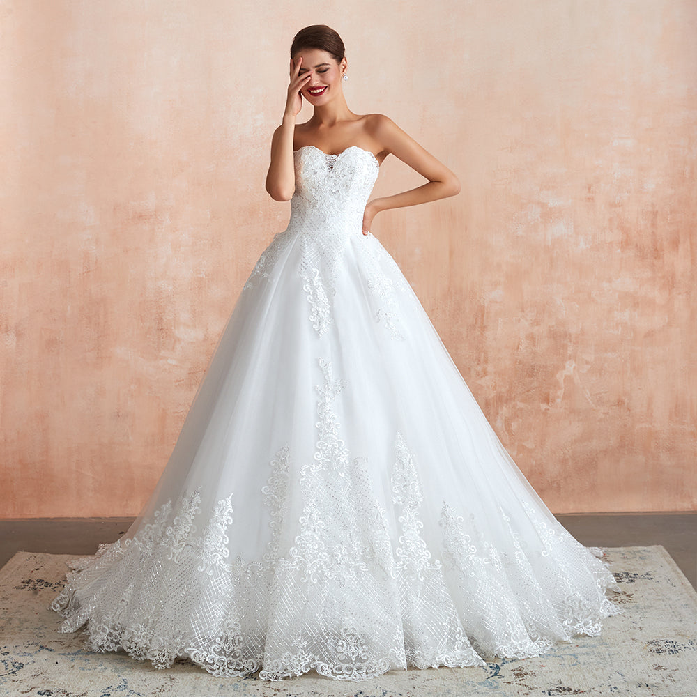 Stylish Strapless White Lace Affordable Wedding Dress with Low Back