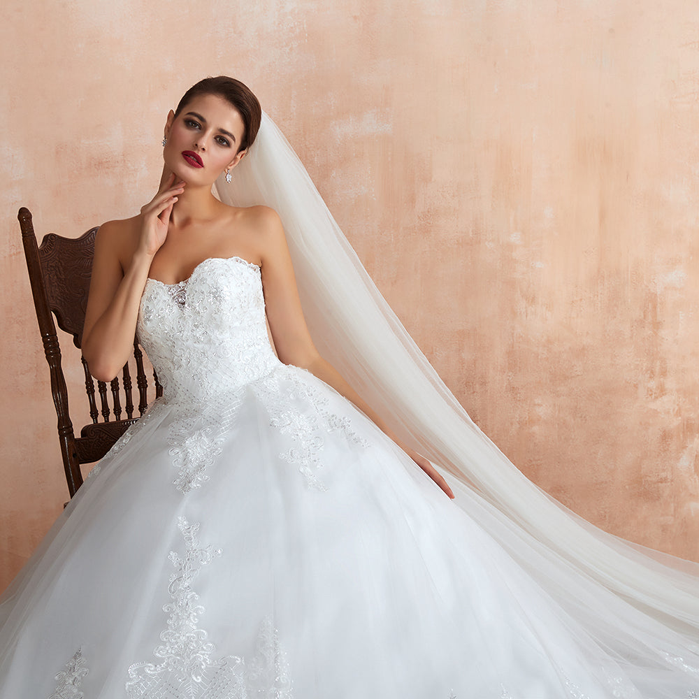 Stylish Strapless White Lace Affordable Wedding Dress with Low Back