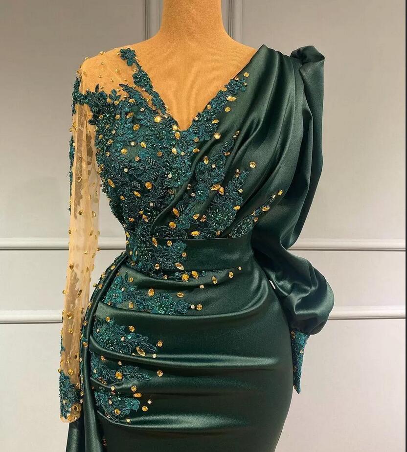Stylish V-Neck Jade Long Prom Dress Long Sleeves Satin Beads Evening Maxi Dress