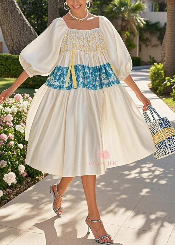 Stylish White Oversized Patchwork Satin Holiday Dress Puff Sleeve