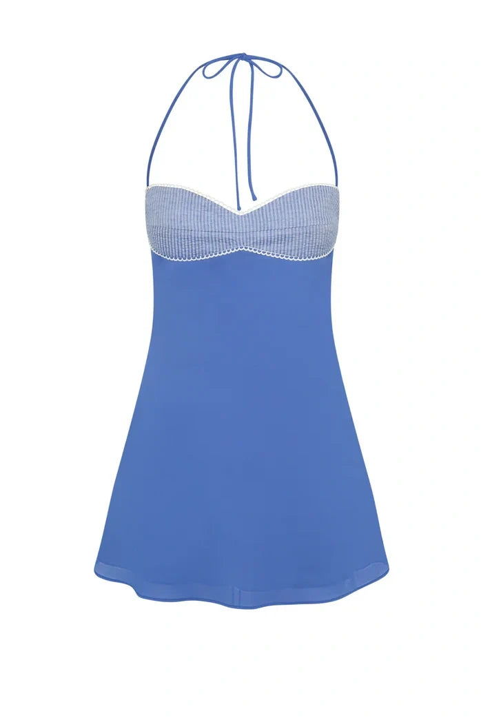 Stylish A Line Halter Neck Blue Short Homecoming Dress with Criss Cross Back