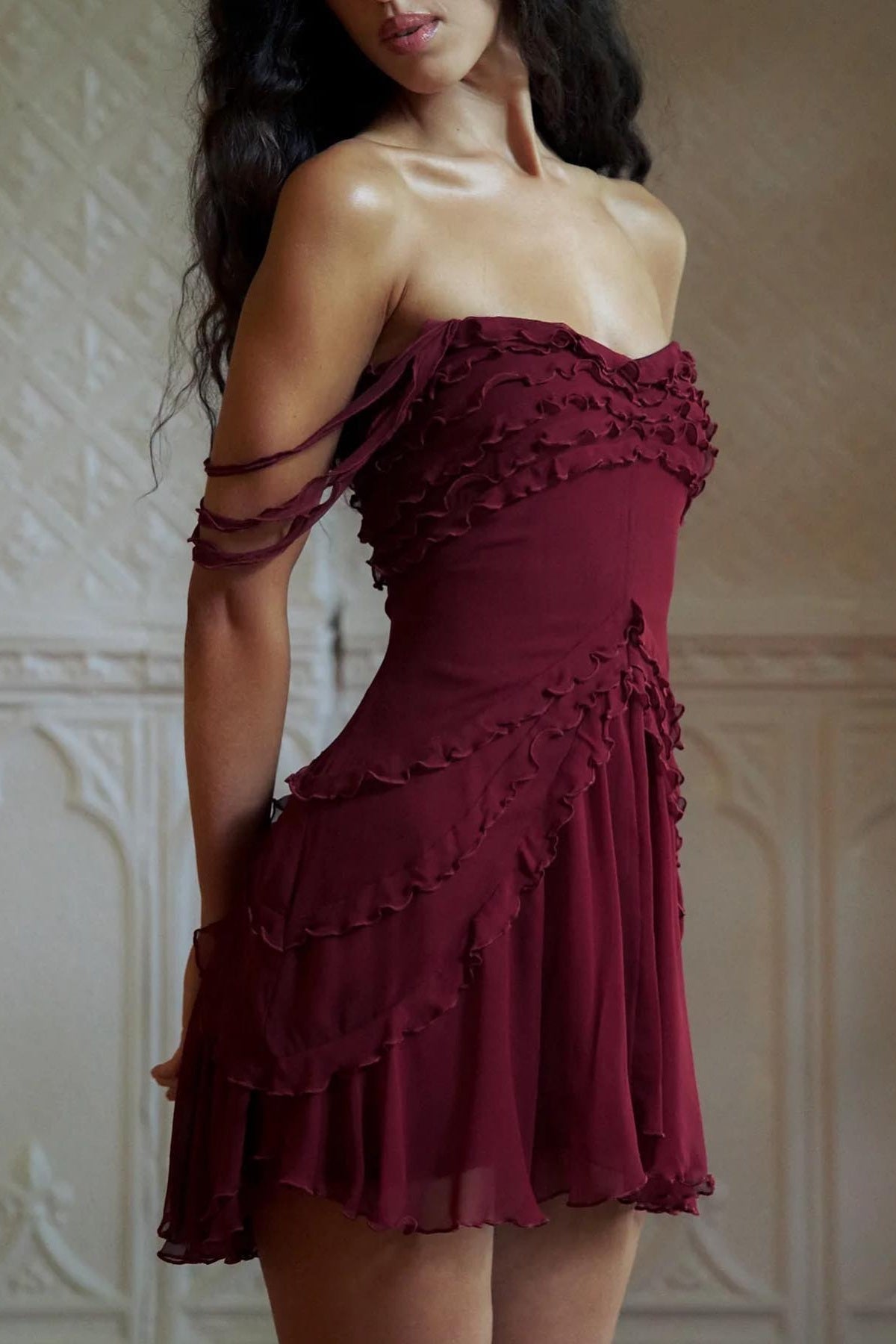 Stylish A Line Off the Shoulder Burgundy Short Homecoming Dress with Ruffles