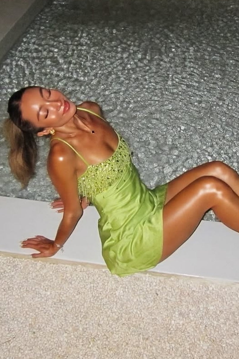 Stylish A Line Spaghetti Straps Green Satin Short Homecoming Dress with Tassels