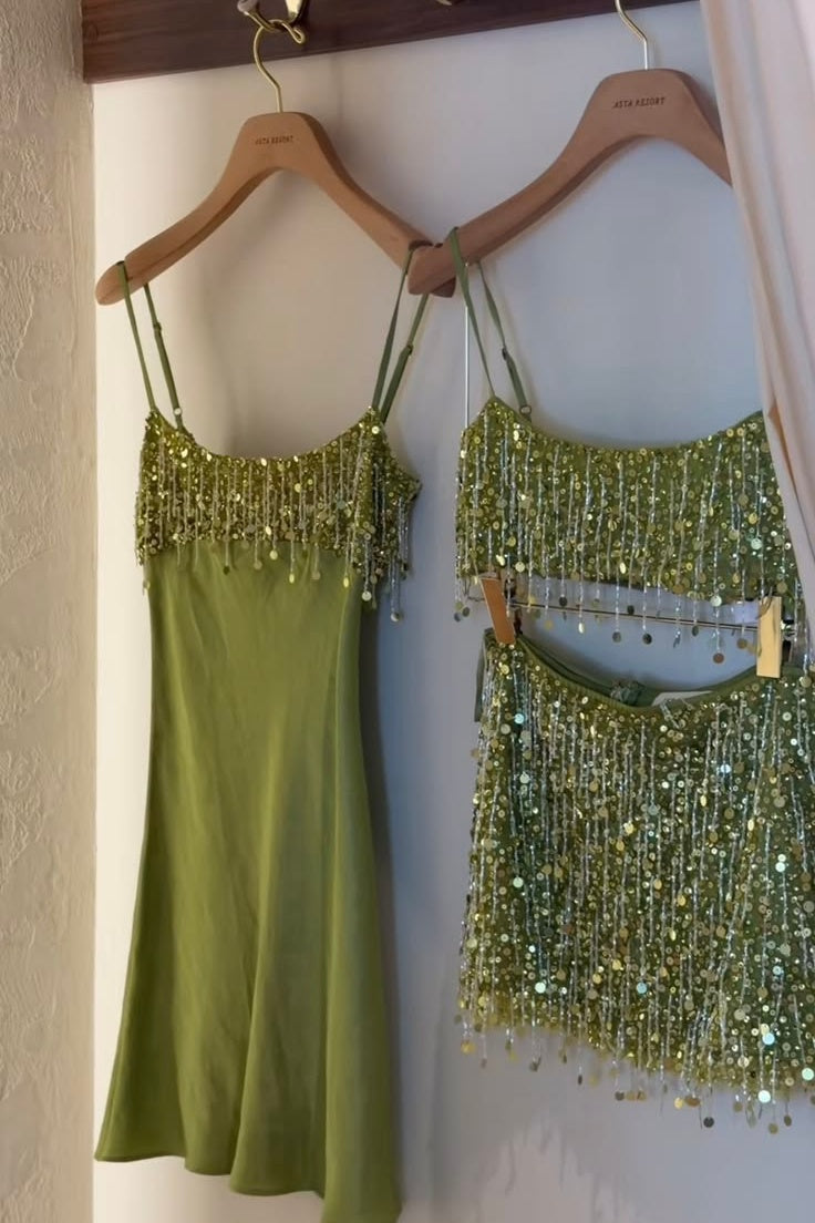 Stylish A Line Spaghetti Straps Green Satin Short Homecoming Dress with Tassels
