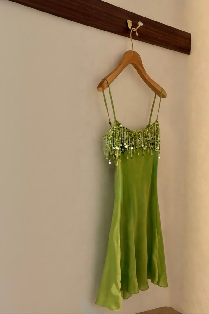 Stylish A Line Spaghetti Straps Green Satin Short Homecoming Dress with Tassels