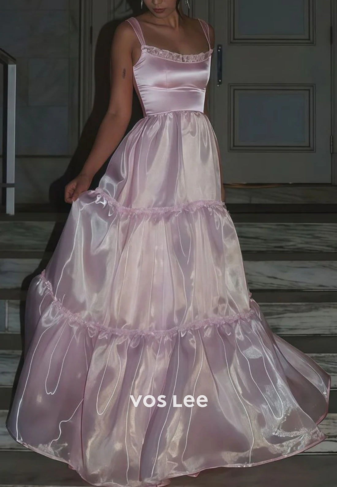 Sparkling & Simple Pink A-Line Scoop Prom Dresses Evening Dresses with Sweep Train - VelvetHem