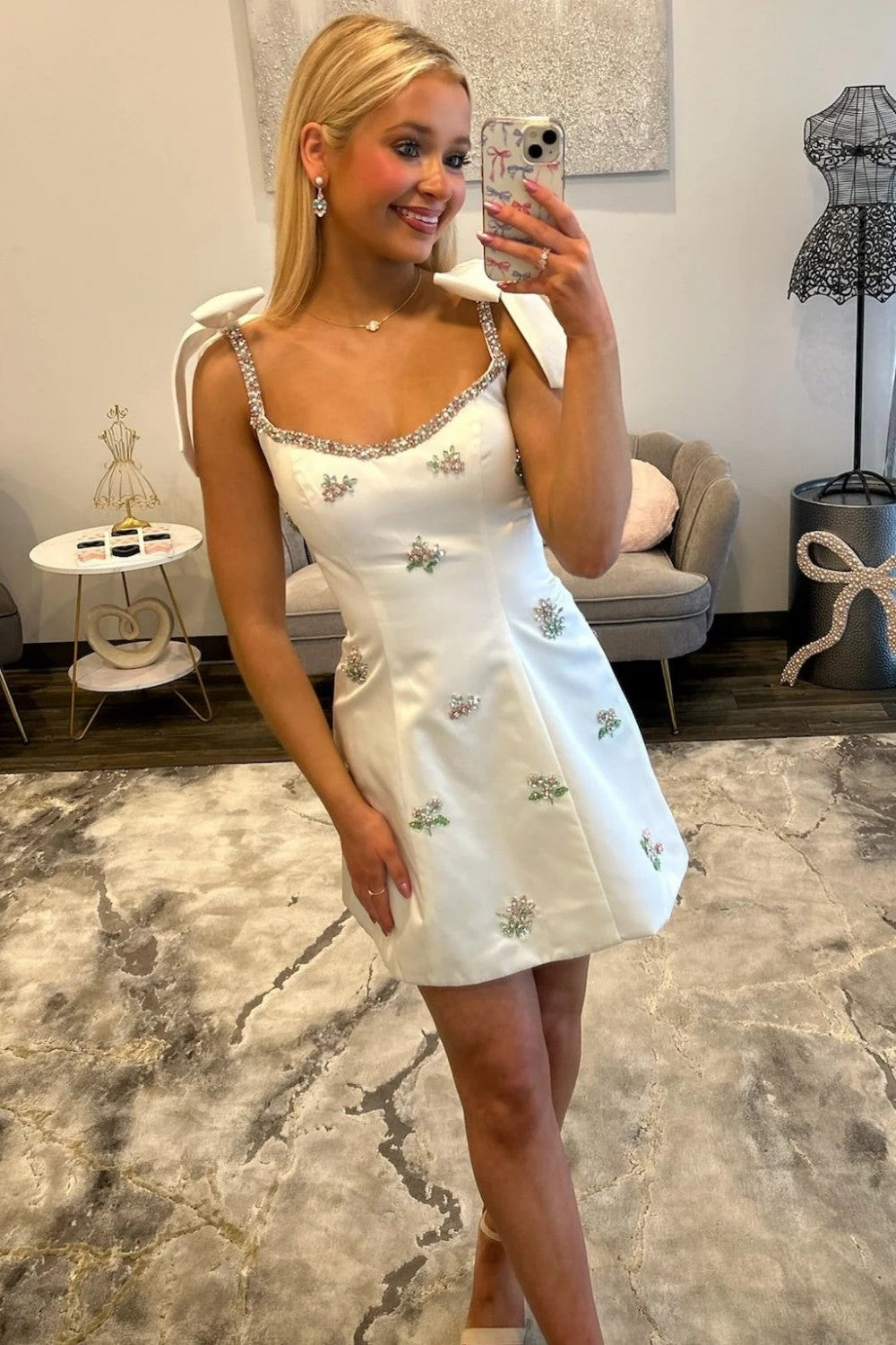 Stylish A Line Spaghetti Straps White Satin Short Homecoming Dress with Beading Embroidery