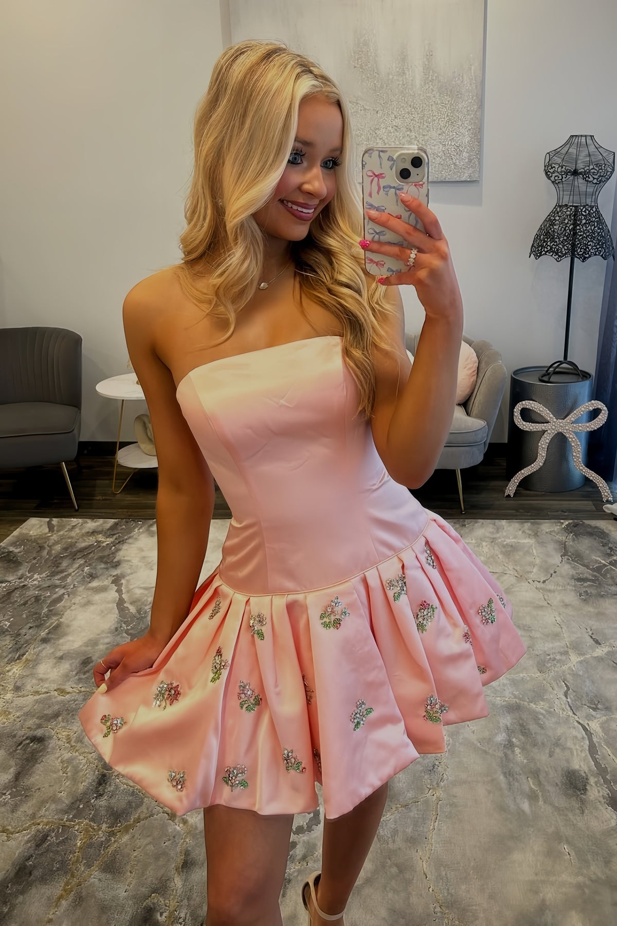 Stylish A Line Strapless Pink Short Homecoming Dress with Embroidery