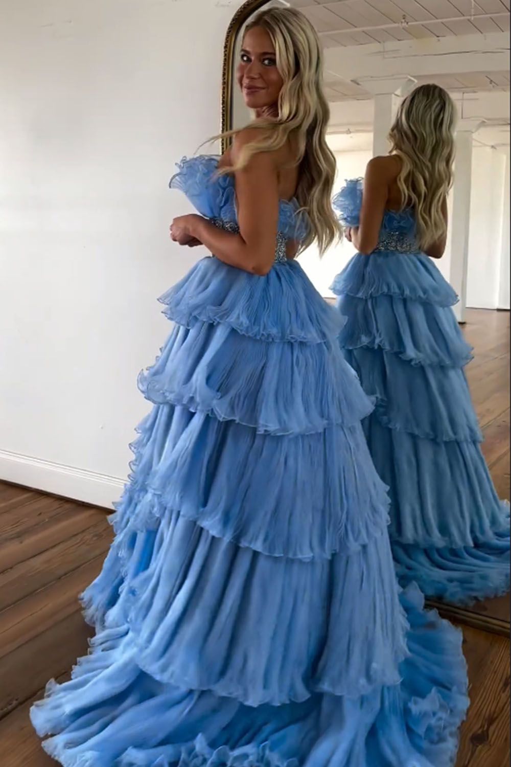 Newly Blue A Line Strapless Long Tiered Prom Dress With Beaded Belt - View 4 | VelvetHem
