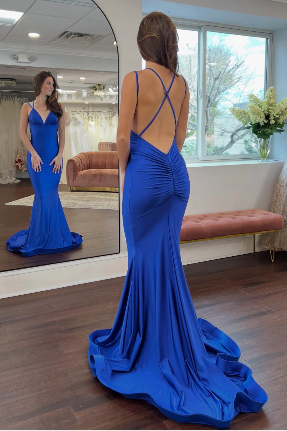 Stylish Mermaid Spaghetti Straps Royal Blue Long Prom Dress with Criss Cross Back - View 5 | VelvetHem