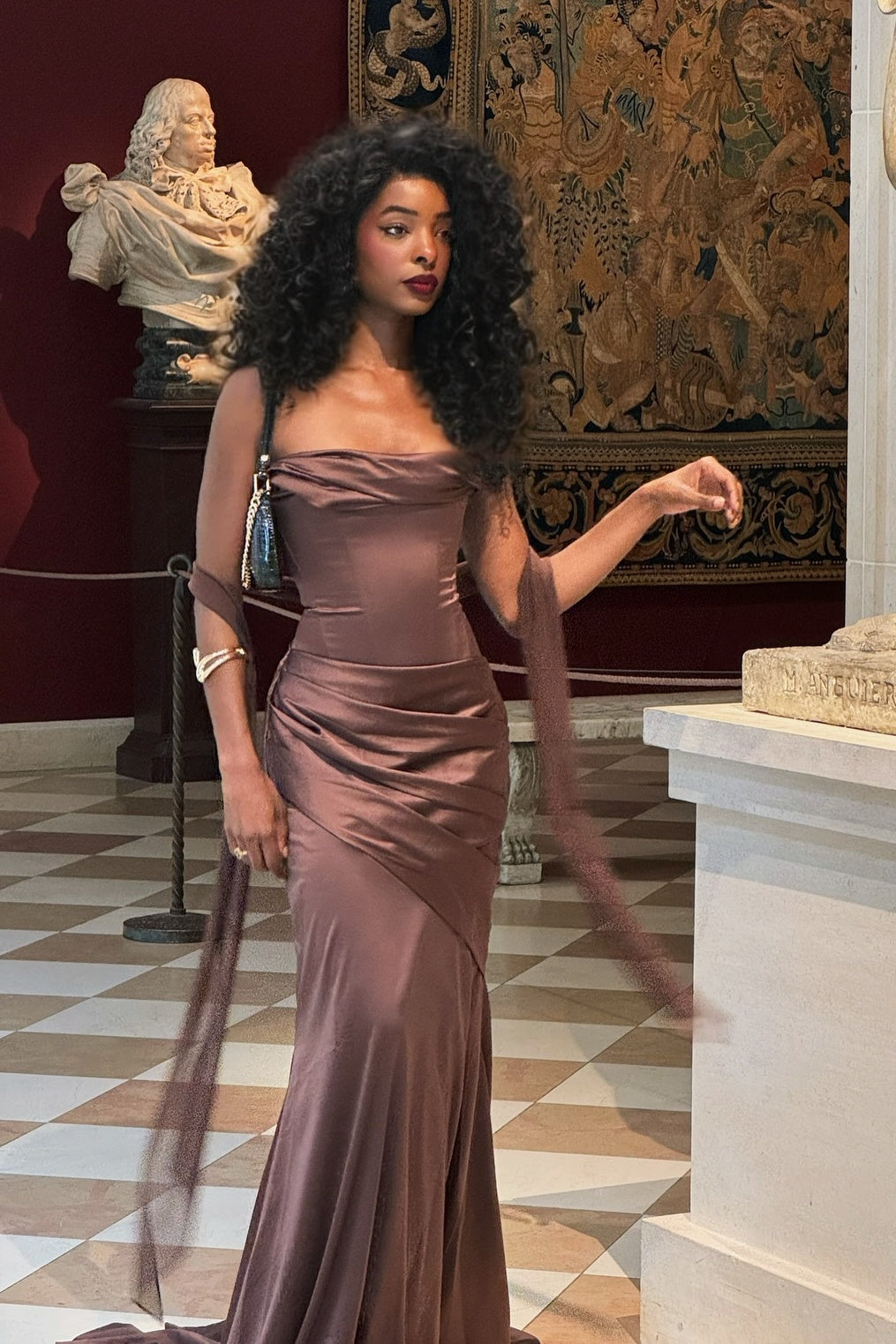Stylish Mermaid Strapless Brown Long Party Dress with Ruched - View 2 | VelvetHem