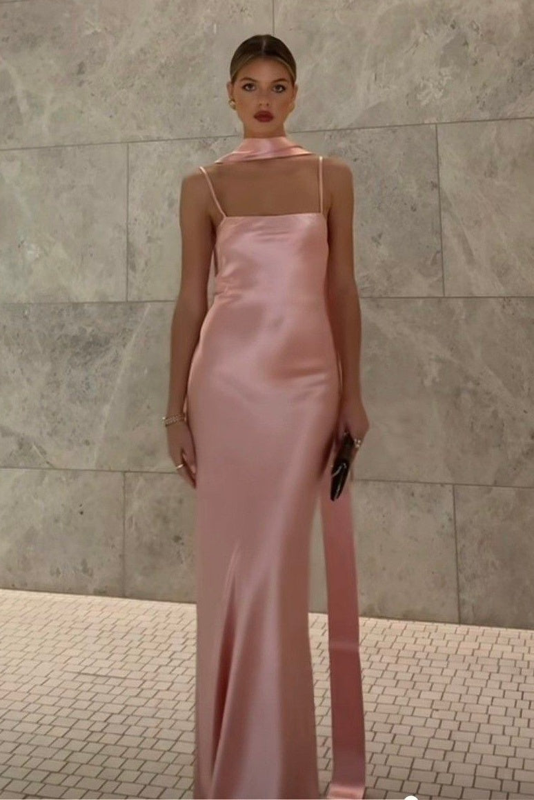 Stylish Sheath Spaghetti Straps Pink Long Prom Dress with Scarf