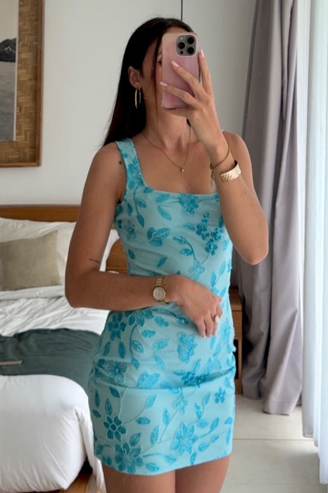 Stylish Sheath Square Neck Blue Short Homecoming Dress with Embroidery