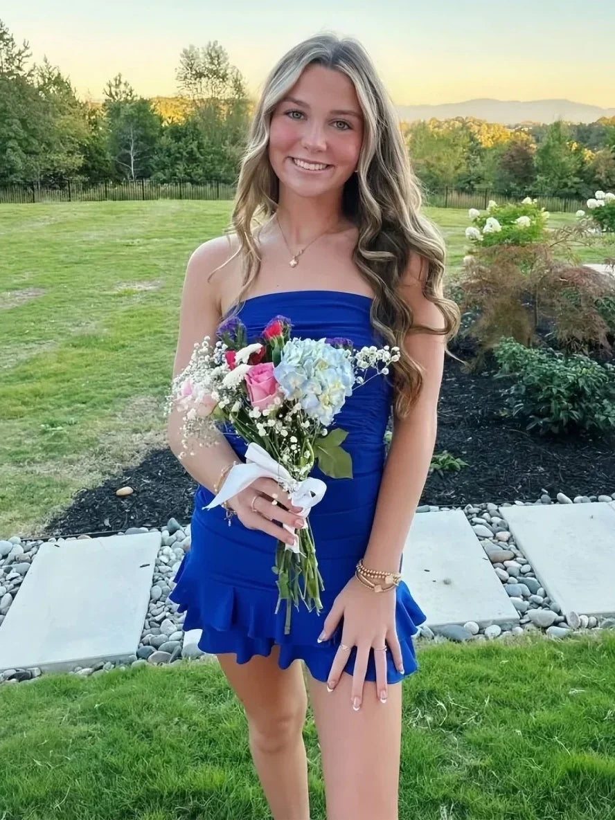 Stylish Sheath Strapless Royal Blue Short Homecoming Dress with Ruffles