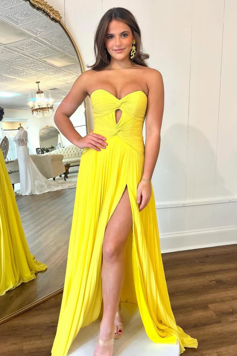 Stylish Sheath Sweetheart Long Pleated Satin Prom Dress with Slit