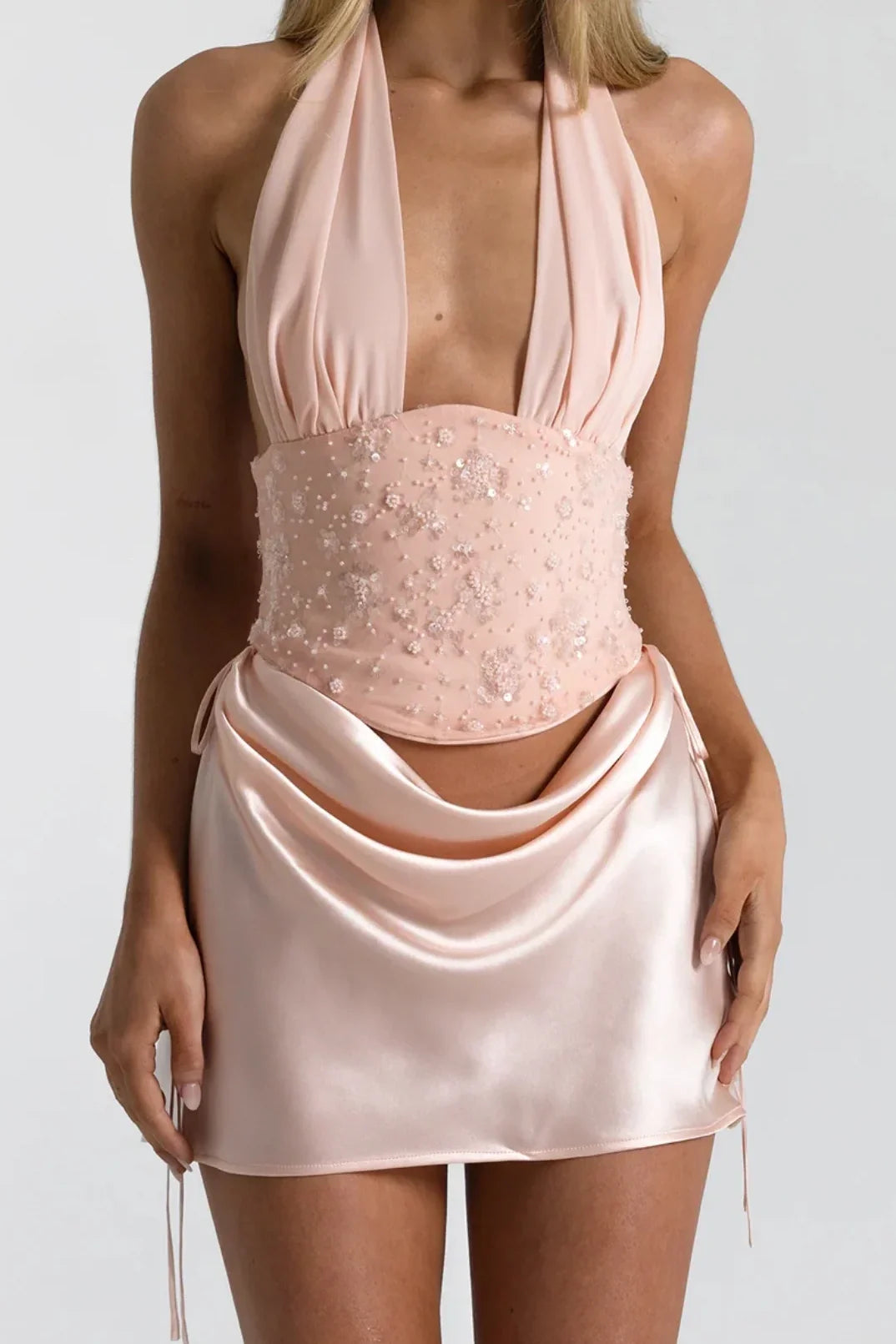 Stylish Two Piece Halter Neck Light Pink Short Homecoming Dress with Sequins