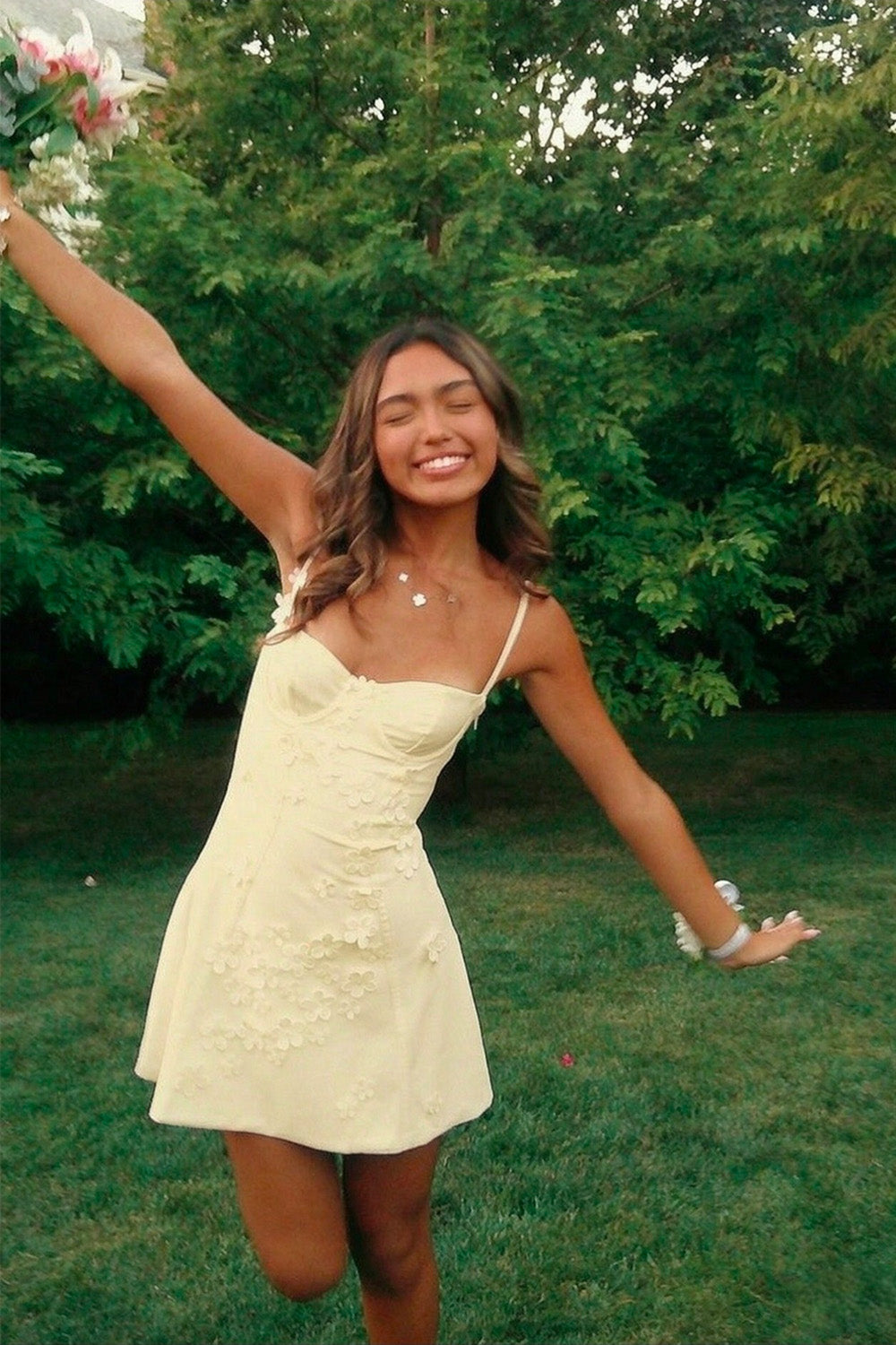 Stylish A Line Spaghetti Straps White Short Homecoming Dress with Appliques