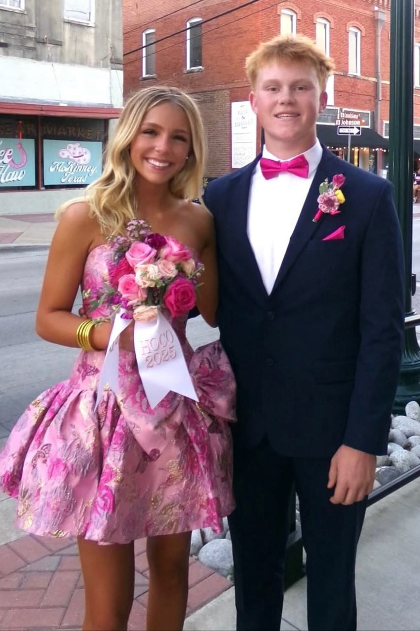 Stylish A Line Strapless Pink Printed Short Homecoming Dress with Bowknot