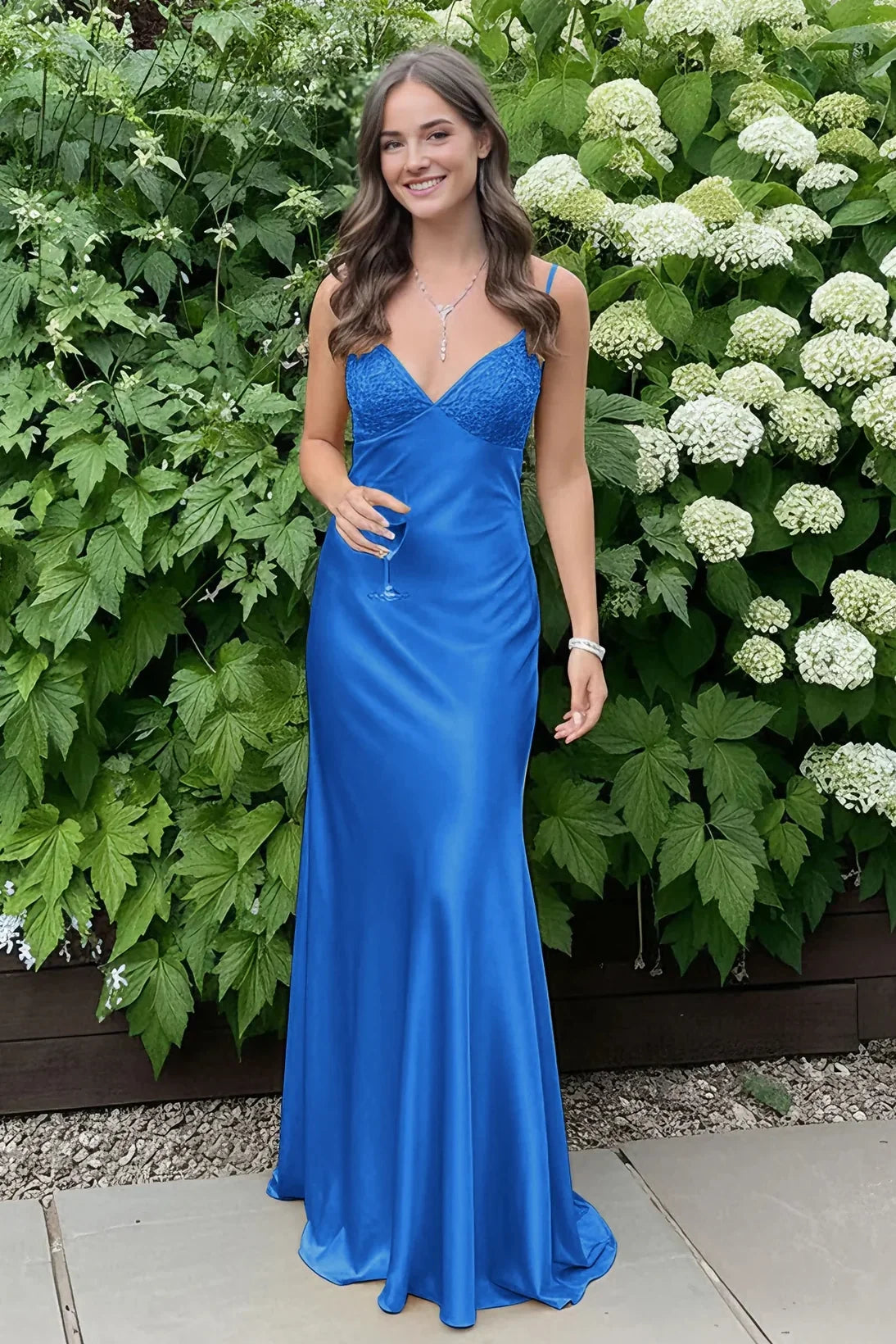 Stylish Sheath Spaghetti Straps Blue Long Prom Dress with Backless - View 11 | VelvetHem