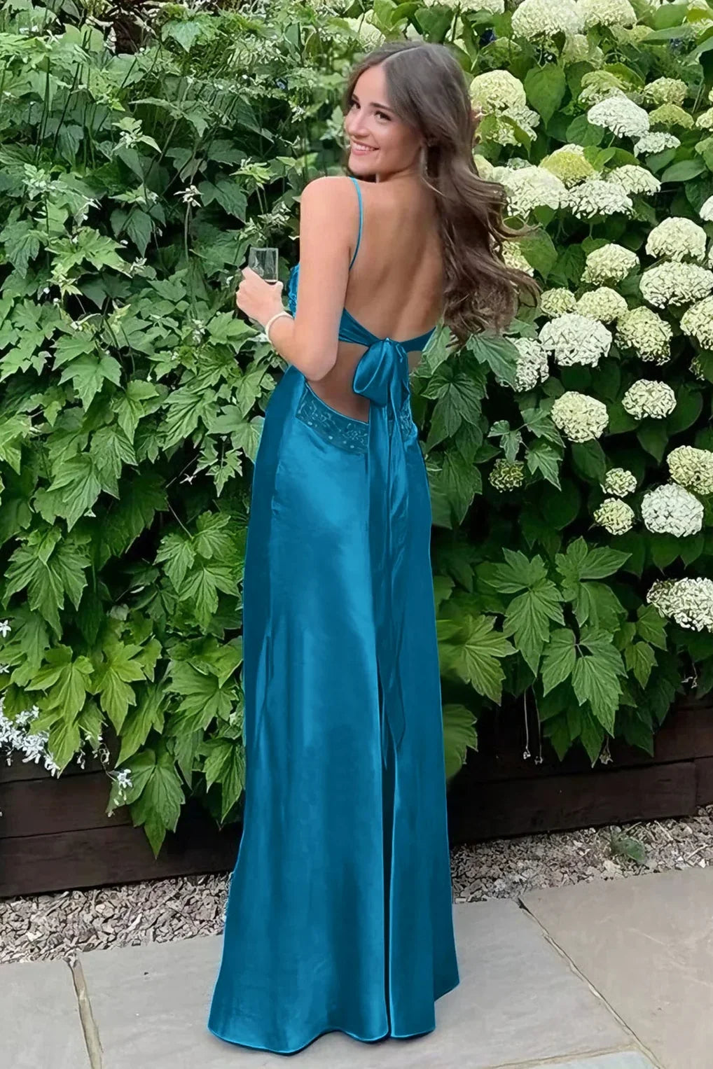 Stylish Sheath Spaghetti Straps Blue Long Prom Dress with Backless