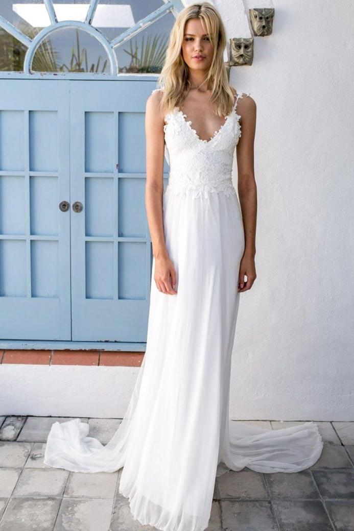Summer Beach Beach Wedding Dresses Lace Chiffon Backless Beach Bridal Dress with Sash