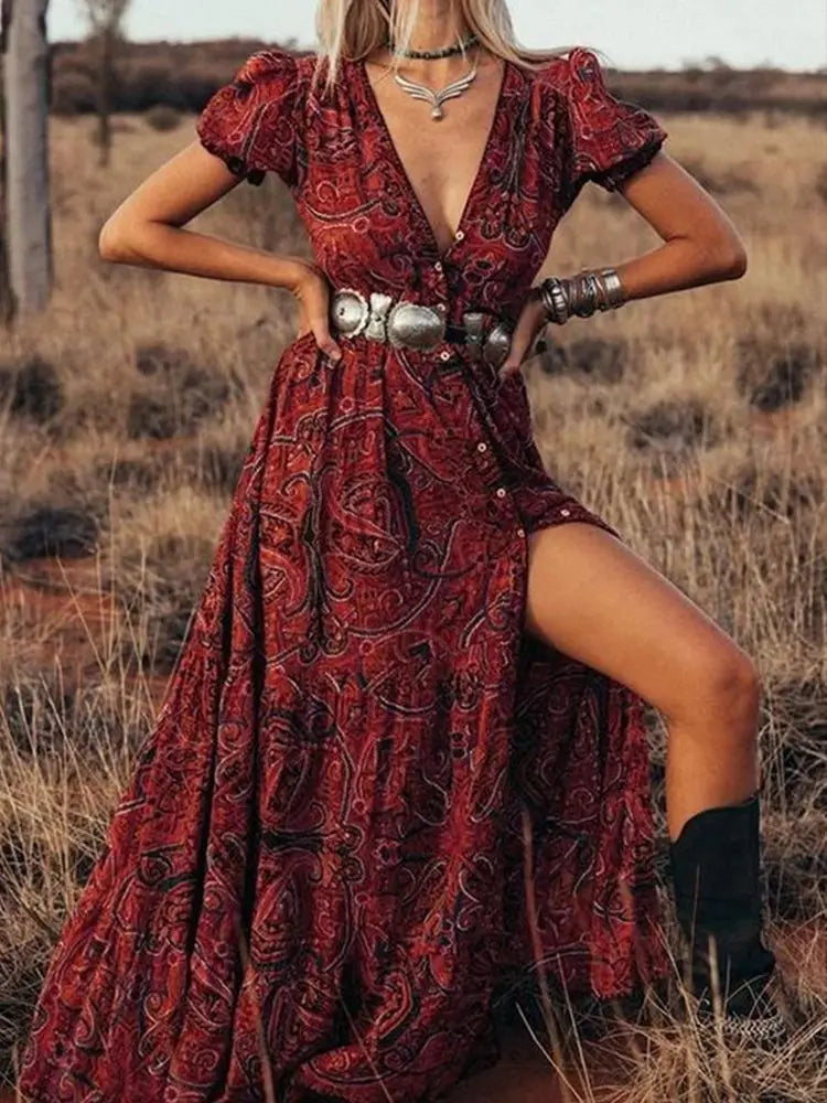 Elegant HighWaist Bohemian Floral Print Maxi Boho Dress