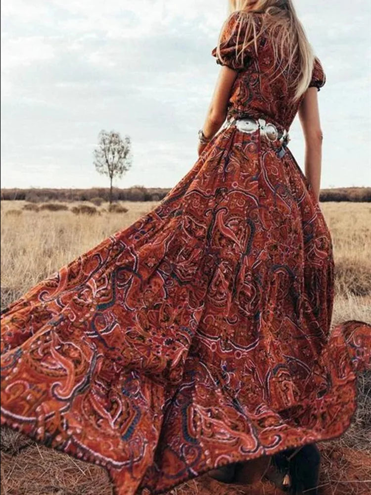 Elegant HighWaist Bohemian Floral Print Maxi Boho Dress