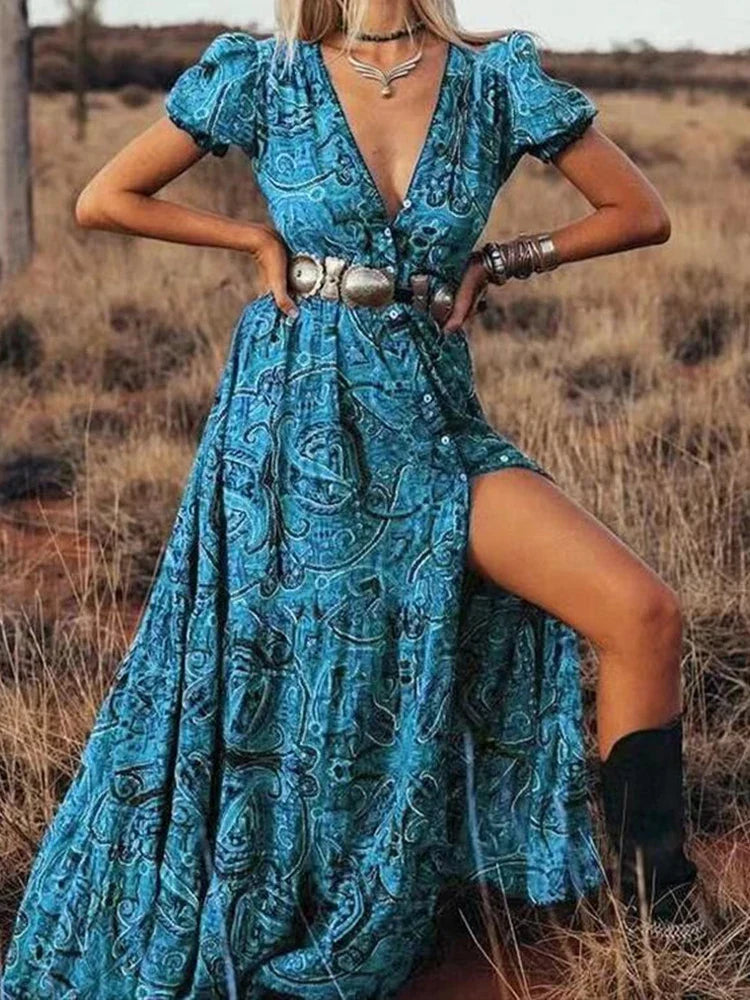 Elegant HighWaist Bohemian Floral Print Maxi Boho Dress