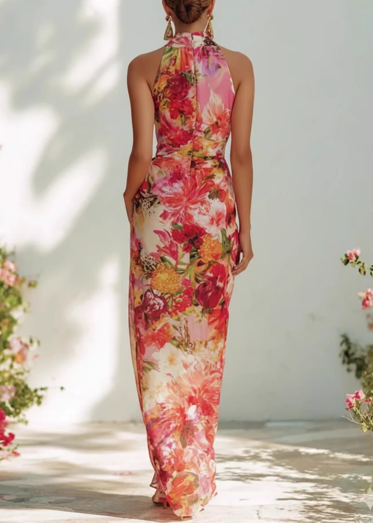Summer French Style Elegant Print Hanging Neck Sleeveless Chiffon Dress