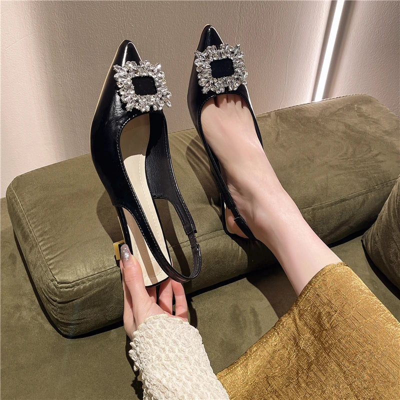New Women's Pointed Toe Shal Nude Pink Diamond Back Strappy Dress Shoes Low Heel Pumps - VelvetHem