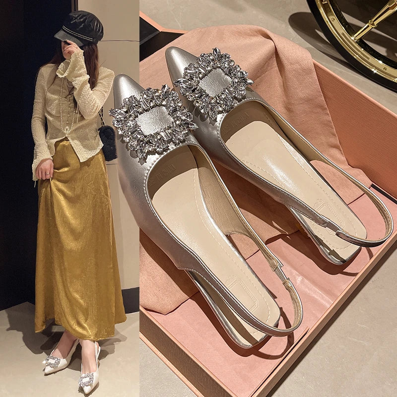 New Women's Pointed Toe Shal Nude Pink Diamond Back Strappy Dress Shoes Low Heel Pumps - View 5 | VelvetHem