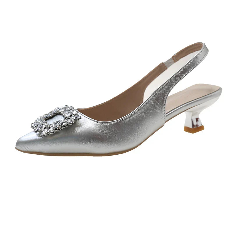 New Women's Pointed Toe Shal Nude Pink Diamond Back Strappy Dress Shoes Low Heel Pumps - View 9 | VelvetHem