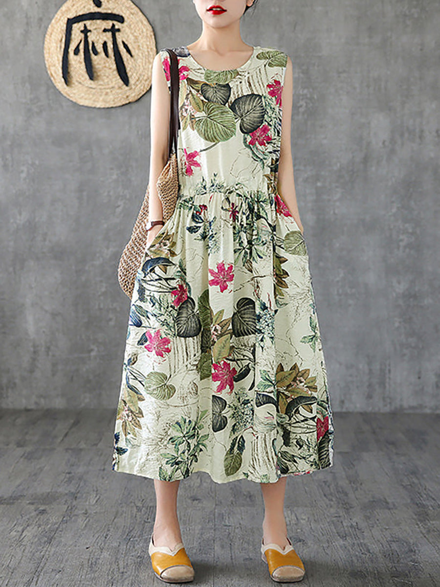 Summer Casual Floral Printed Cotton Dress Sleeveless