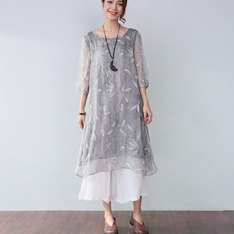 Summer Casual Plus Size Feather-Print Elegant Women's Dress - Omychic