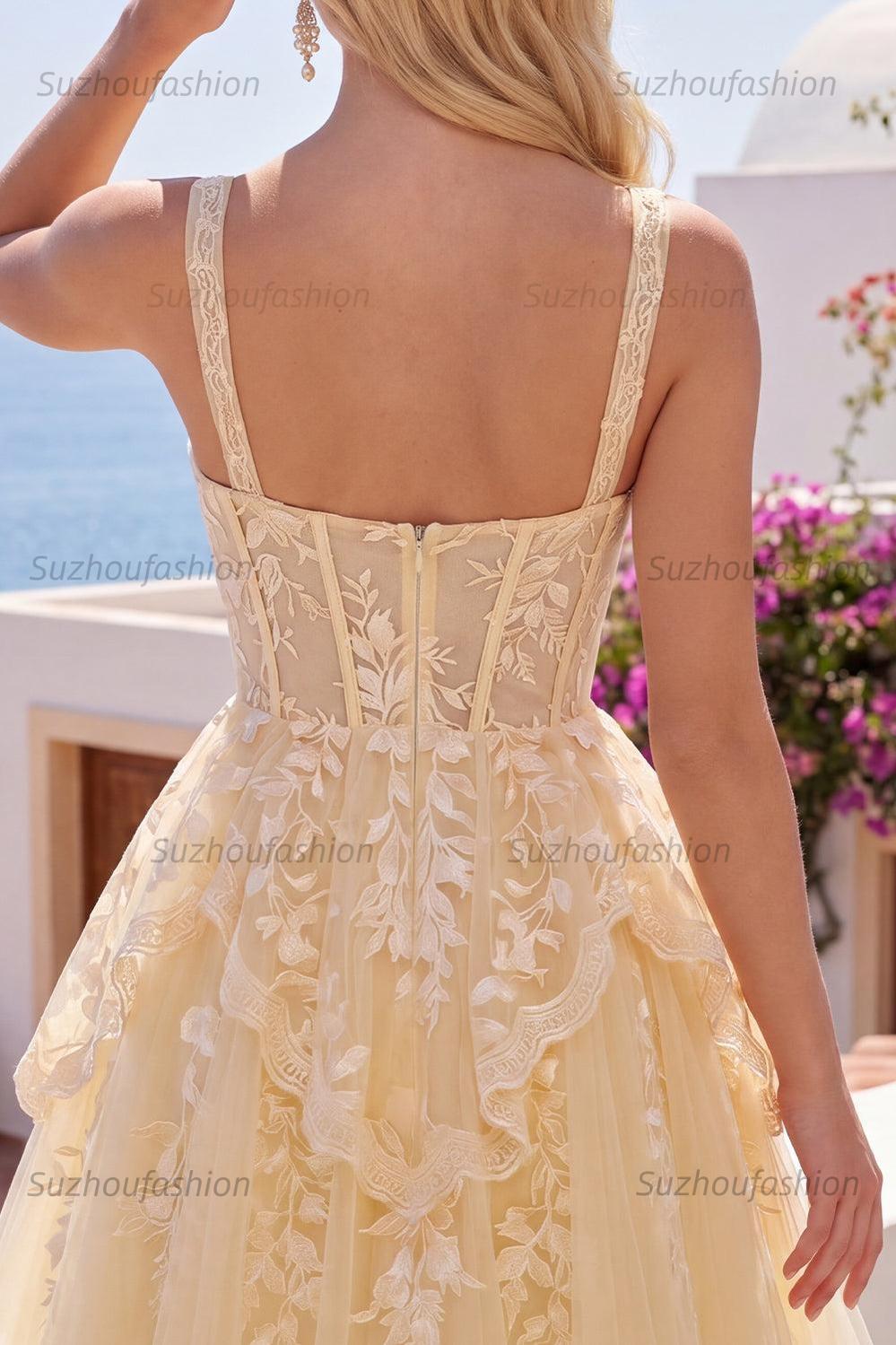 Suzhoufashion A Line Butter Yellow Lace V-Neck Ruffled Short Corset Homecoming Dress