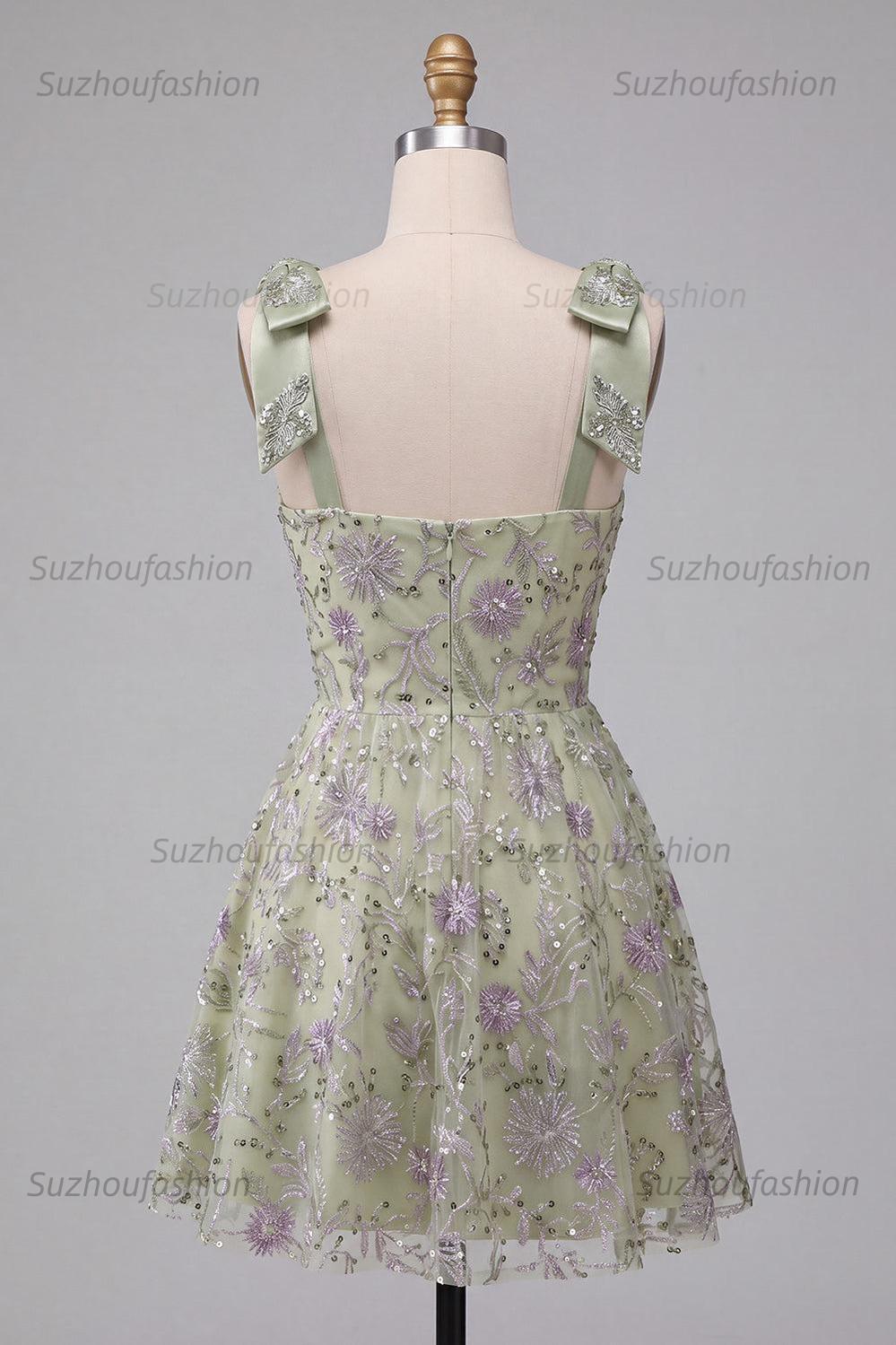 Suzhoufashion A-Line Floral Dusty Sage Short Beaded Homecoming Dress with Bows