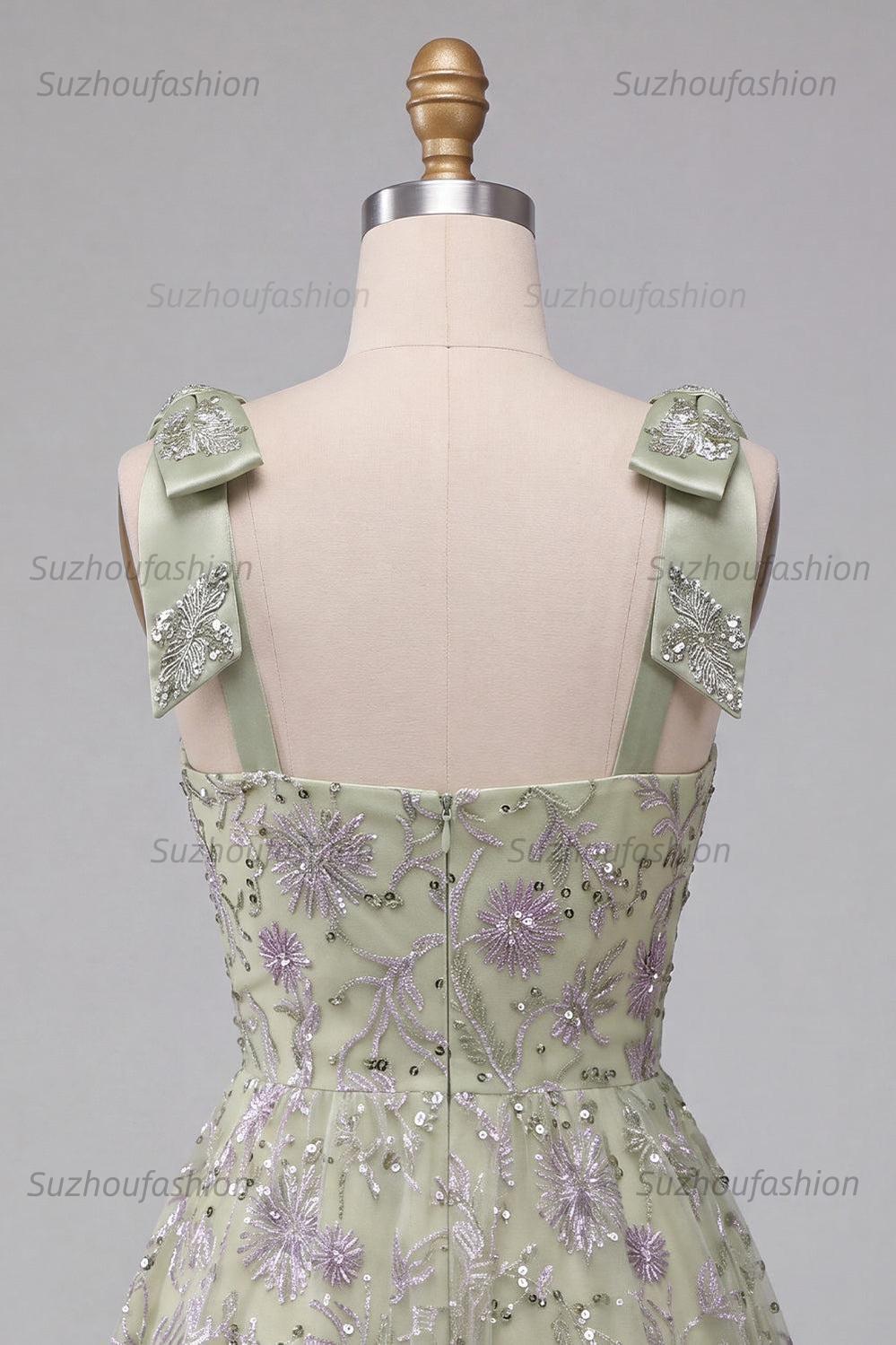 Suzhoufashion A-Line Floral Dusty Sage Short Beaded Homecoming Dress with Bows